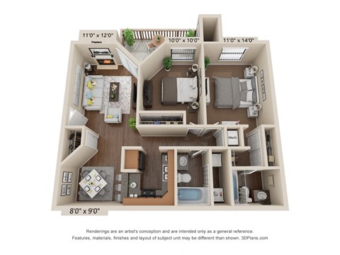 Floor plan for 2 beds, 2 baths, 895 sqft